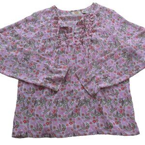 Route 66 Sheer Ruffle Blouse Womens Large Pink Long Sleeve Floral Pullover Shirt